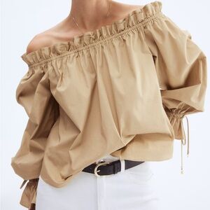 H&M TAN OFF SHOULDER LONG SLEEVE POPLIN SHIRT WITH RUFFLE EDGES WOMENS MEDIUM